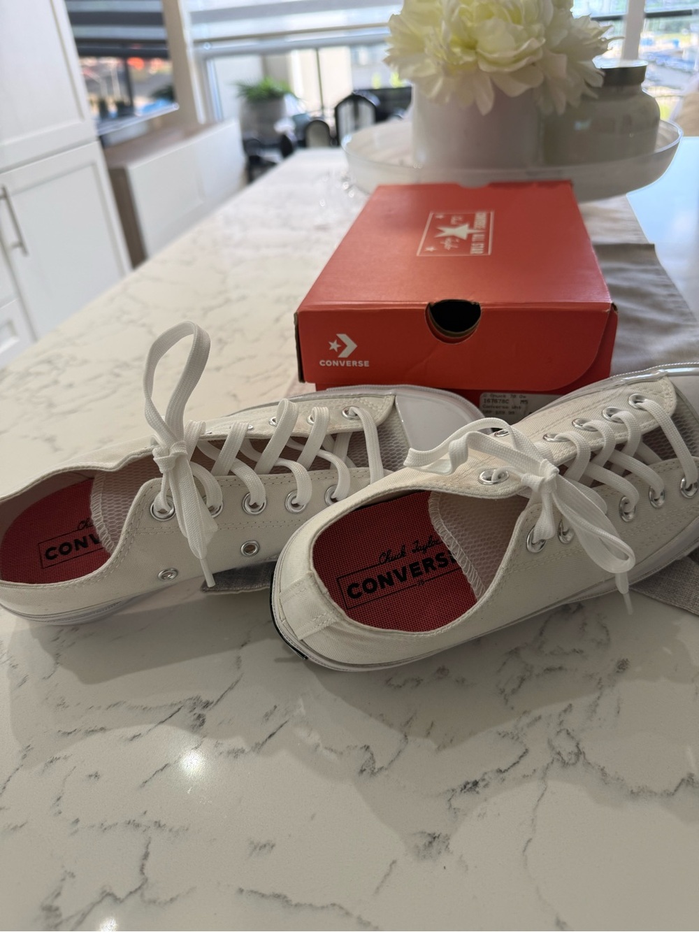 Converse White Low Top Sneakers with Red Insole